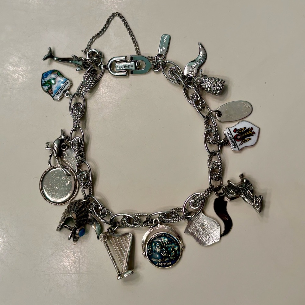 Vintage Monet Charm Bracelet w/ 14 Sterling Charms Travel USA Europe